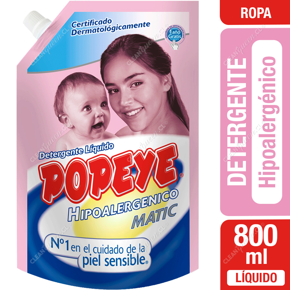 Detergente Líquido Popeye Hipoalergénico 800 ml - Clean Queen