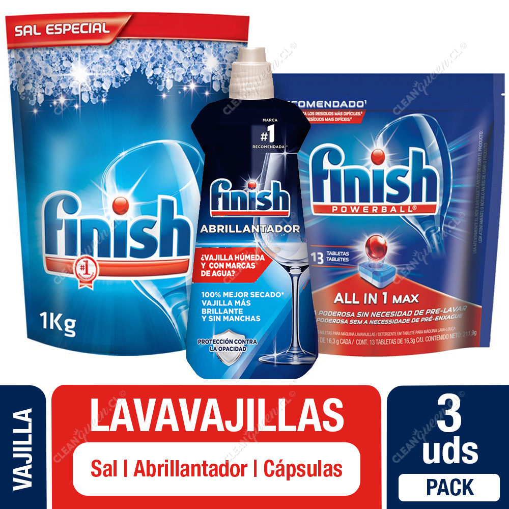 Pack Lavavajilla Finish: Sal 1 Kg, Abrillantador 400 ml y Detergente  Cápsulas 13 Unid - Clean Queen