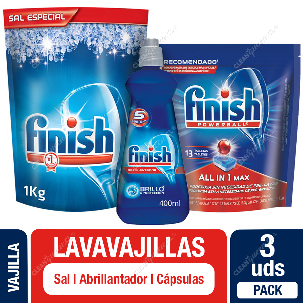 Pack Lavavajilla Finish: Sal 1 Kg, Abrillantador 400 ml y Detergente  Cápsulas 13 Unid - Clean Queen