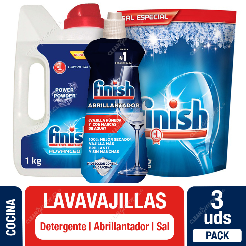 Pack Lavavajilla Finish: Sal 1 Kg, Abrillantador 400 ml y Detergente Polvo  1 Kg - Clean Queen