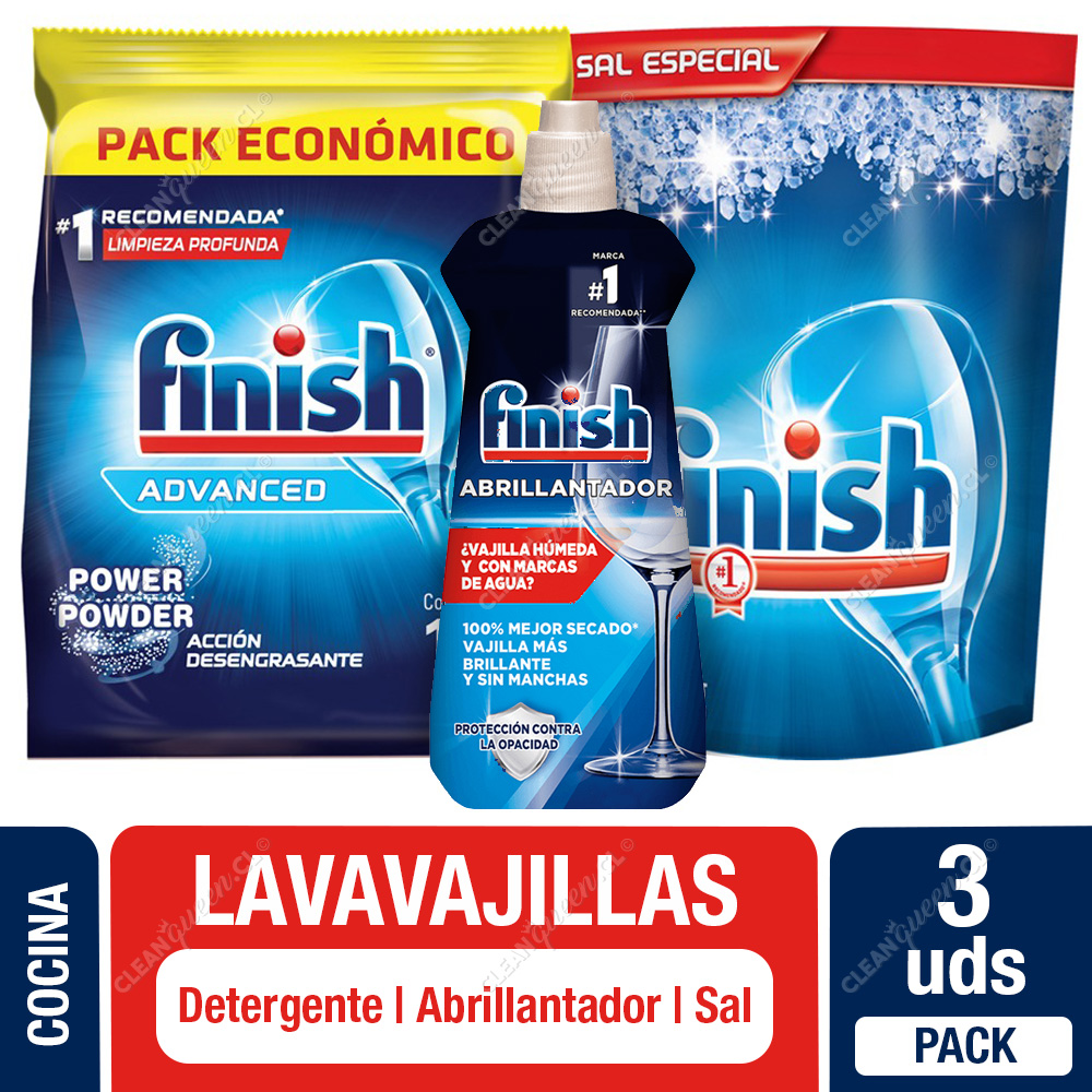 Pack Lavavajilla Finish: Sal 1 Kg, Abrillantador 400 ml y Detergente Polvo  Repuesto 1 Kg - Clean Queen