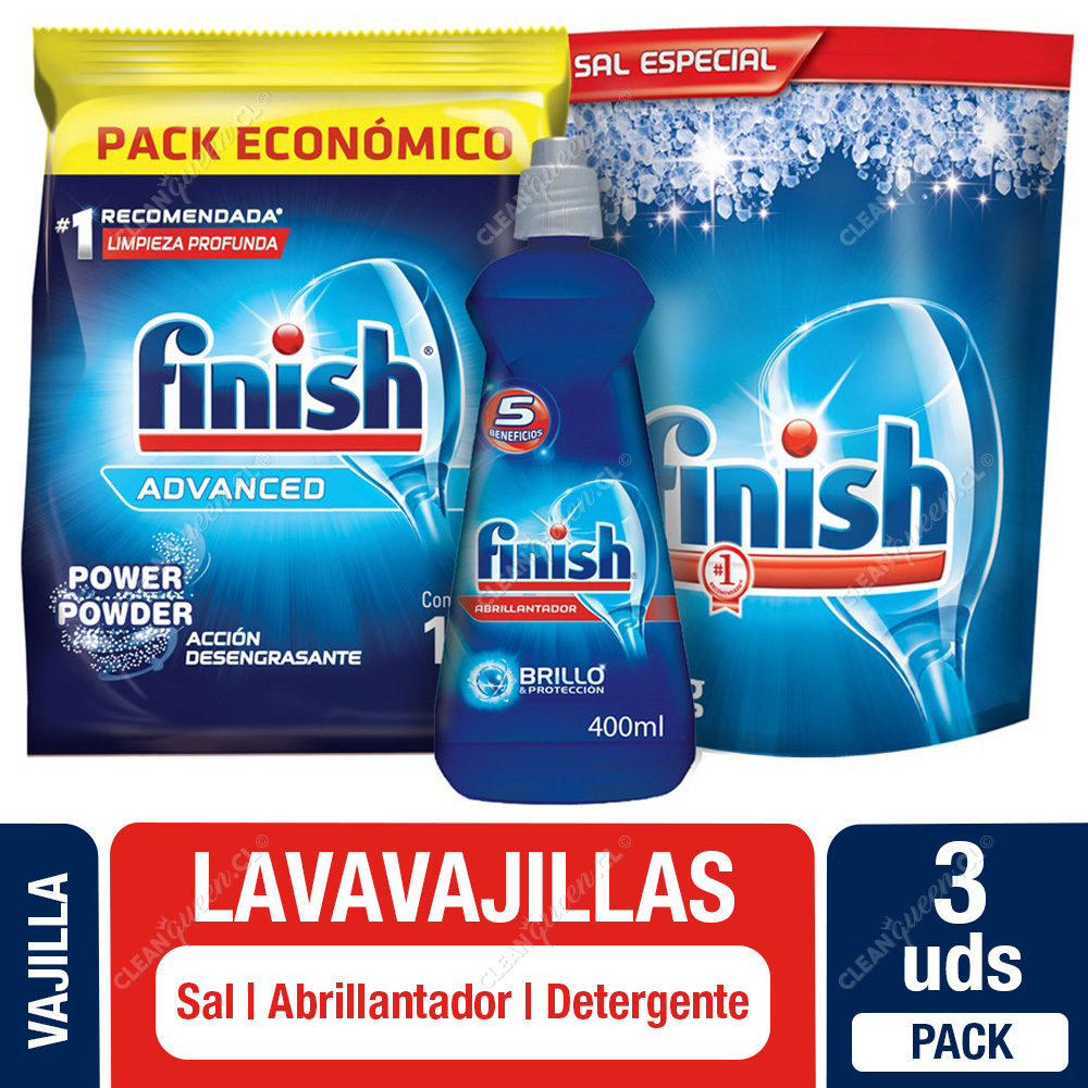 Pack Lavavajilla Finish: Sal 1 Kg, Abrillantador 400 ml y Detergente Polvo  Repuesto 1 Kg - Clean Queen