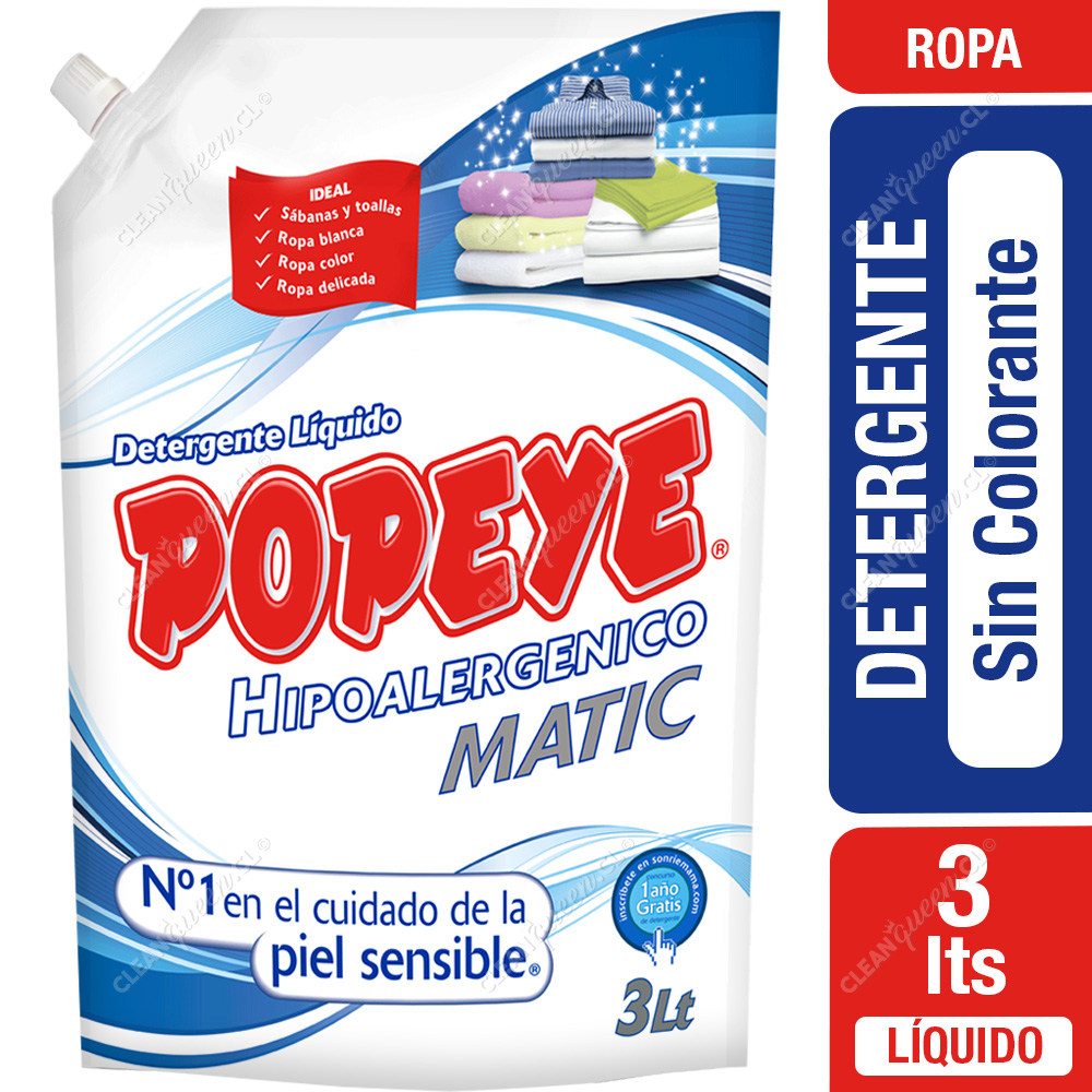 Detergente Líquido Sin Colorantes Popeye Hipoalergénico Doypack 3 L - Clean  Queen