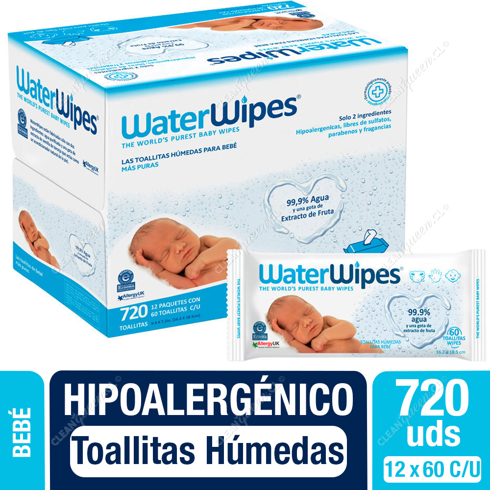 mero pierna Será Toallitas Húmedas Hipoalergénicas WaterWipes 720 Unid (12x60) - Clean Queen