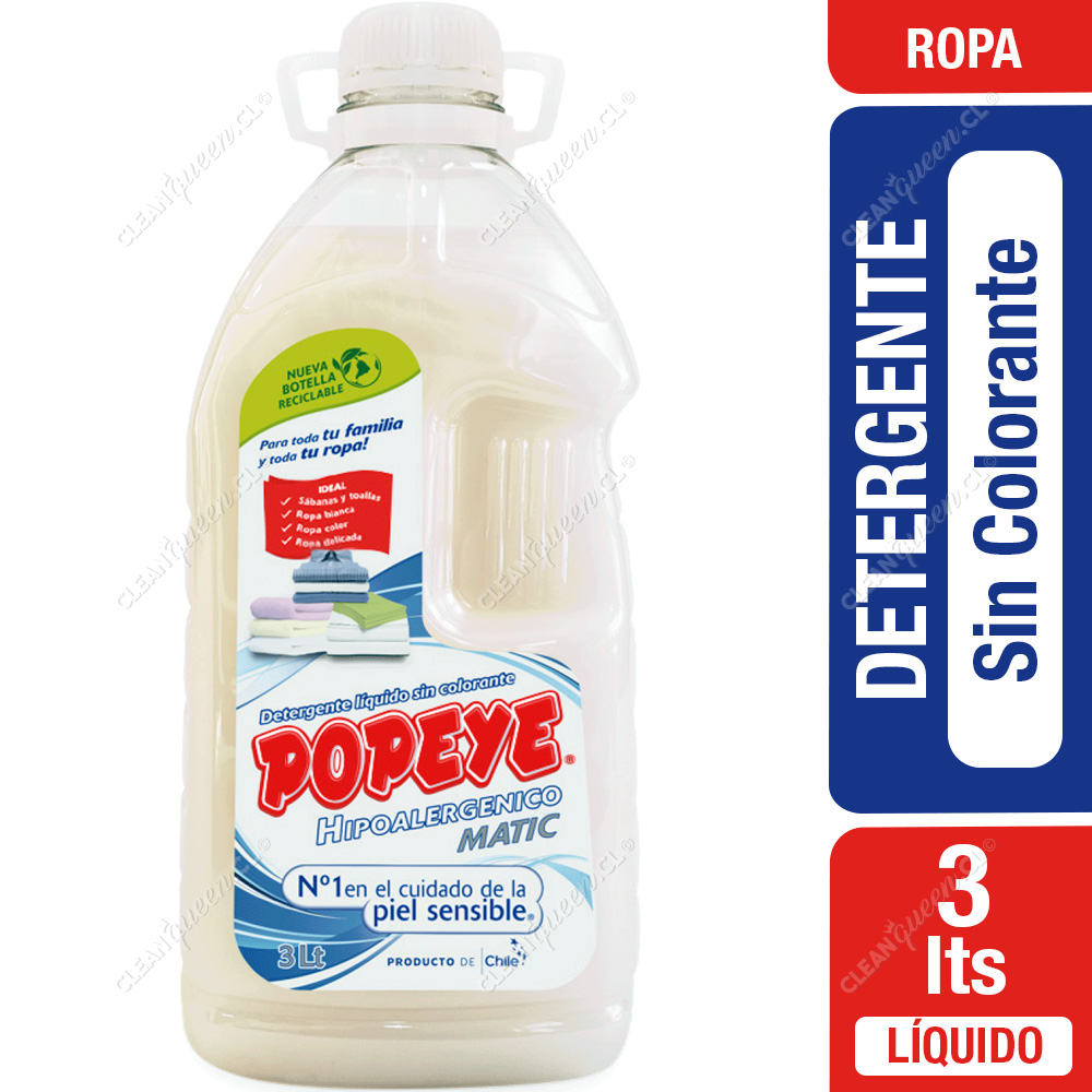 Detergente Líquido Sin Colorantes Popeye Hipoalergénico 3 L - Clean Queen